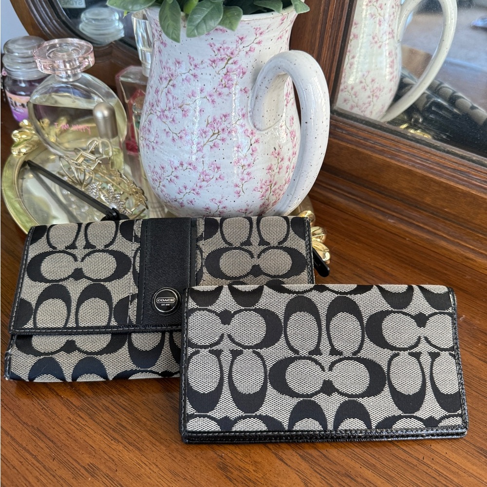 Coach Signature Canvas Wallets Y2K in Black Gray Jaquard Bundle
